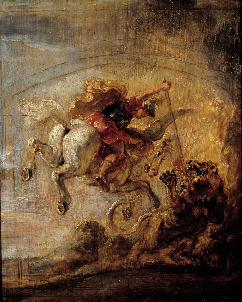 Bellerophon klatrer på Pegase gjennom spydet sitt, kimermaleriet av Pierre Paul (Pierre-Paul) Rubens (eller Peter Paul eller Petrus Paulus) (1577-1640) av Peter Paul Rubens