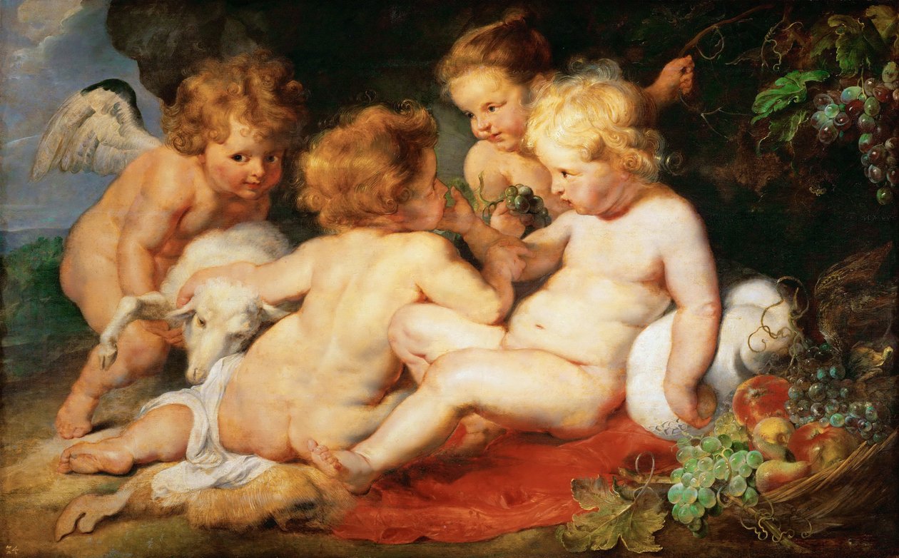 Kristus og døperen Johannes som barn med to engler - Pieter Paul Rubens (1577-1640). Olje på tre, ca. 1615-1620. Mål: 76,5x122,3 cm. Kunsthistorisk museum, Vienne av Peter Paul Rubens