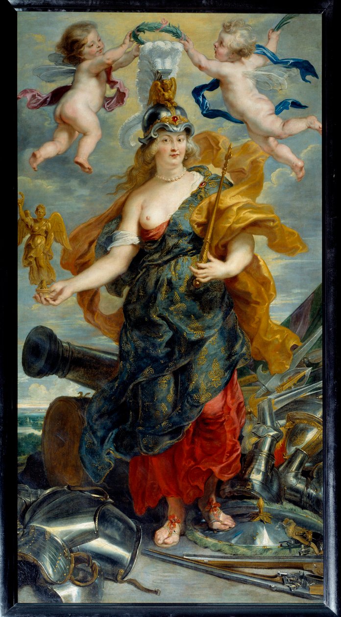 Cycle des Medicis: "" Portrait en pied de Marie de Medicis en Bellona (1573-1642) dronning av Frankrike"" Maleri av Pierre Paul (Pierre-Paul) Rubens (ou Peter Paul eller Peter Paul) (1577-1640) (ec .flam.) 1621 Søn. 2,76x1,49 m av Peter Paul Rubens