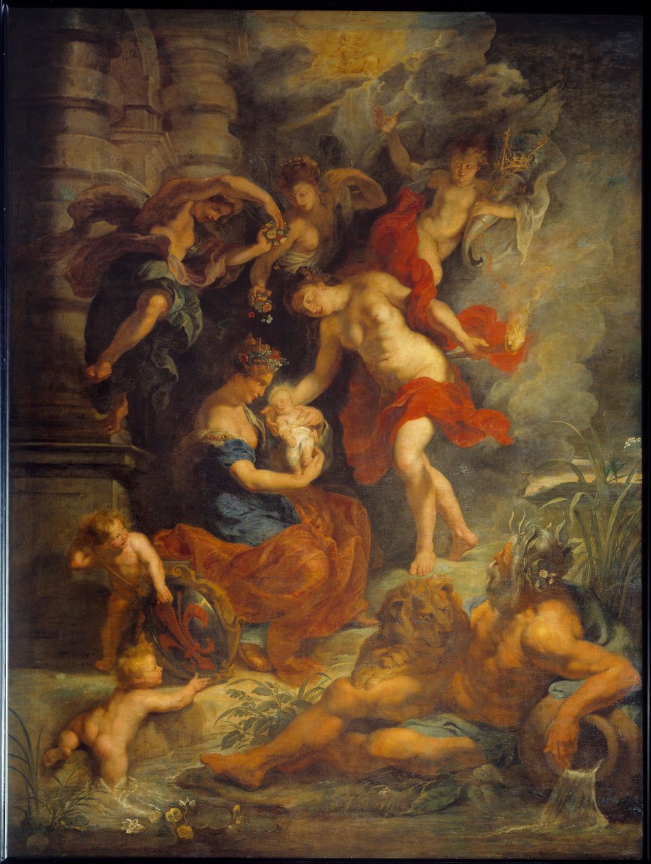 Syklus av Marie de Medicis (1573-1642): "" Fødselen til Marie de Medicis i Firenze 26.04.1573"". Representasjon av Jeanne av Østerrike (1547-1578) med datteren. Maleri av Pierre Paul (Pierre-Paul) Rubens (eller Peter Paul eller Petrus Paulus) (1577-1640) av Peter Paul Rubens