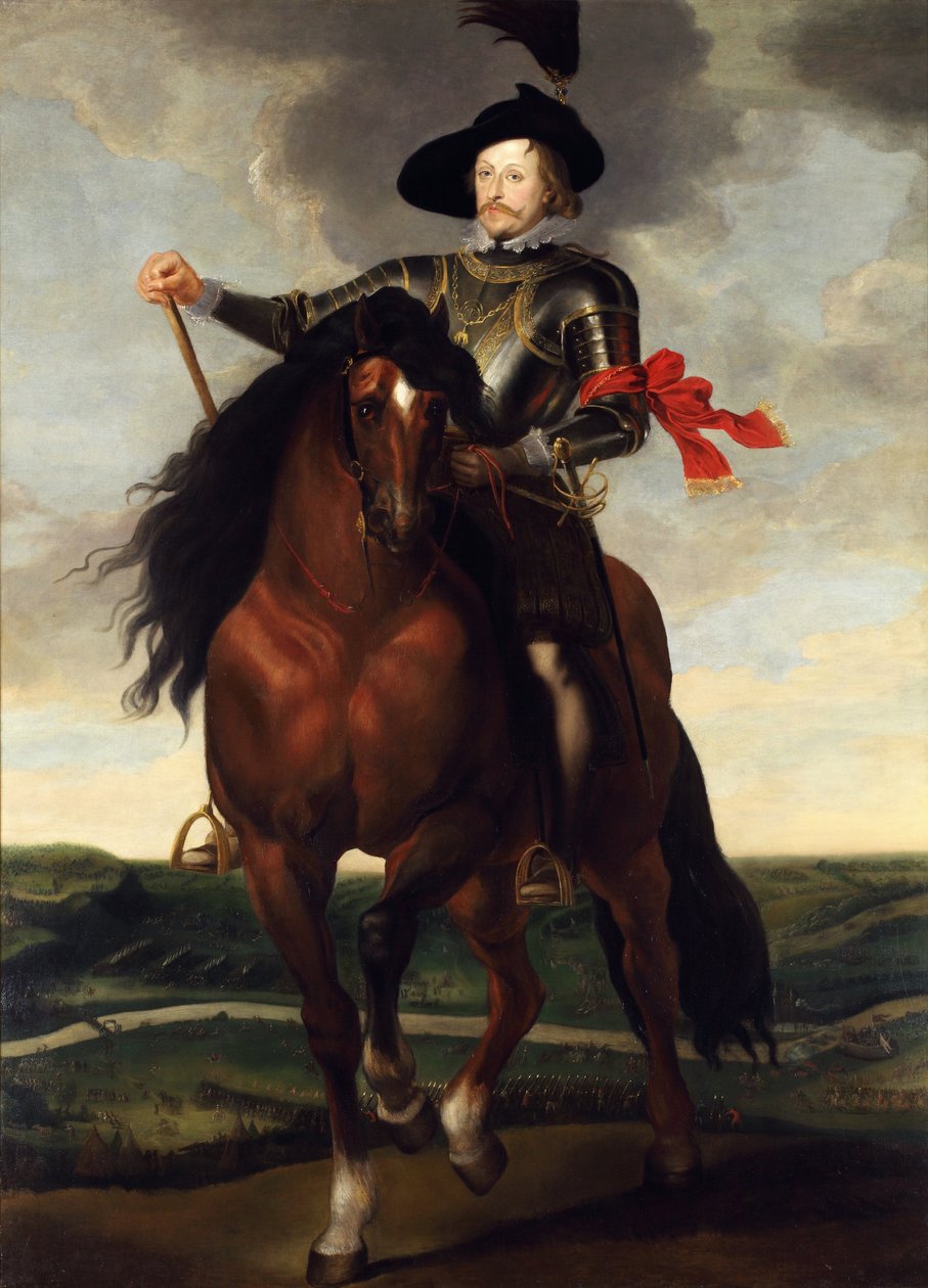 Rytterportrett av kronprins Wladyslaw Vasa med slaget ved Khotyn i bakgrunnen, ca 1 av Peter Paul, Rubens