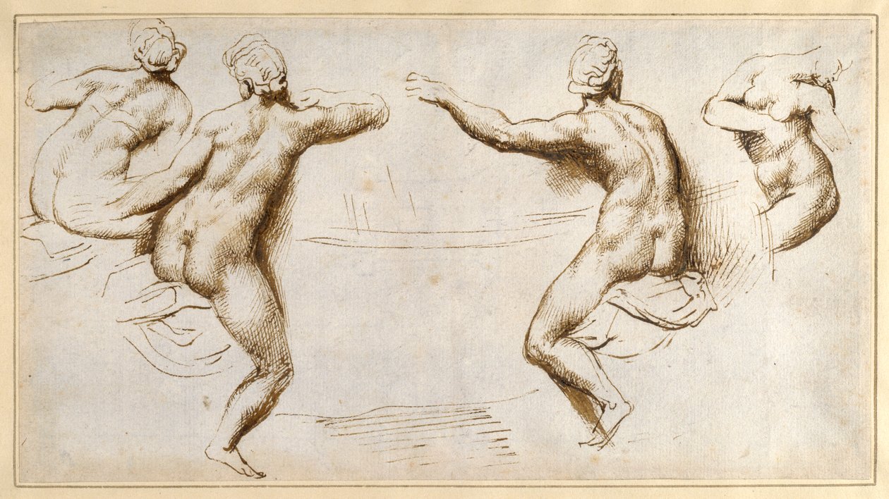 Fire kvinnelige nakenbilder rundt et basseng (penn og blekk på papir) av Peter Paul Rubens