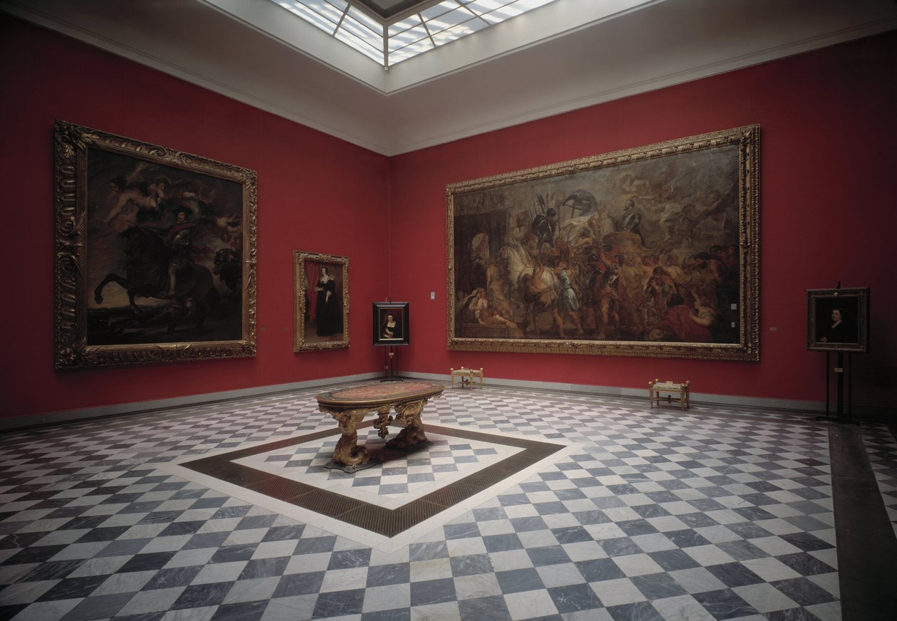 Museets sal som presenterer Henri IV i slaget ved Ivry og Triumphal Entree of Henry IV i Paris av Rubens av Peter Paul Rubens
