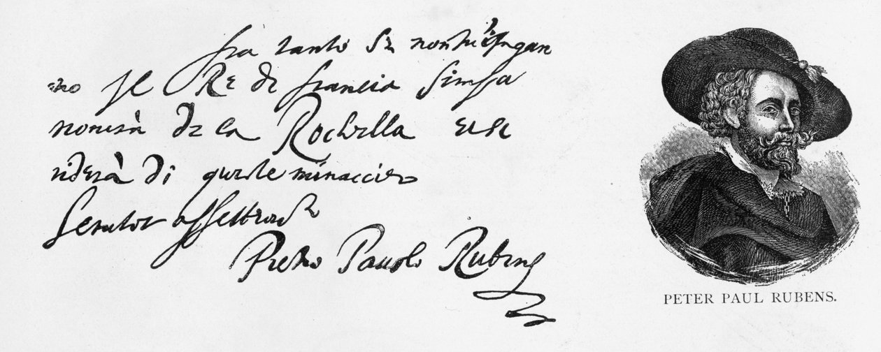Håndskrift og signatur av Rubens fra et brev på italiensk om nederlaget til den engelske marinen ved beleiringen av La Rochelle, skrevet fra Antwerpen, 30. desember, 1627 av Peter Paul Rubens