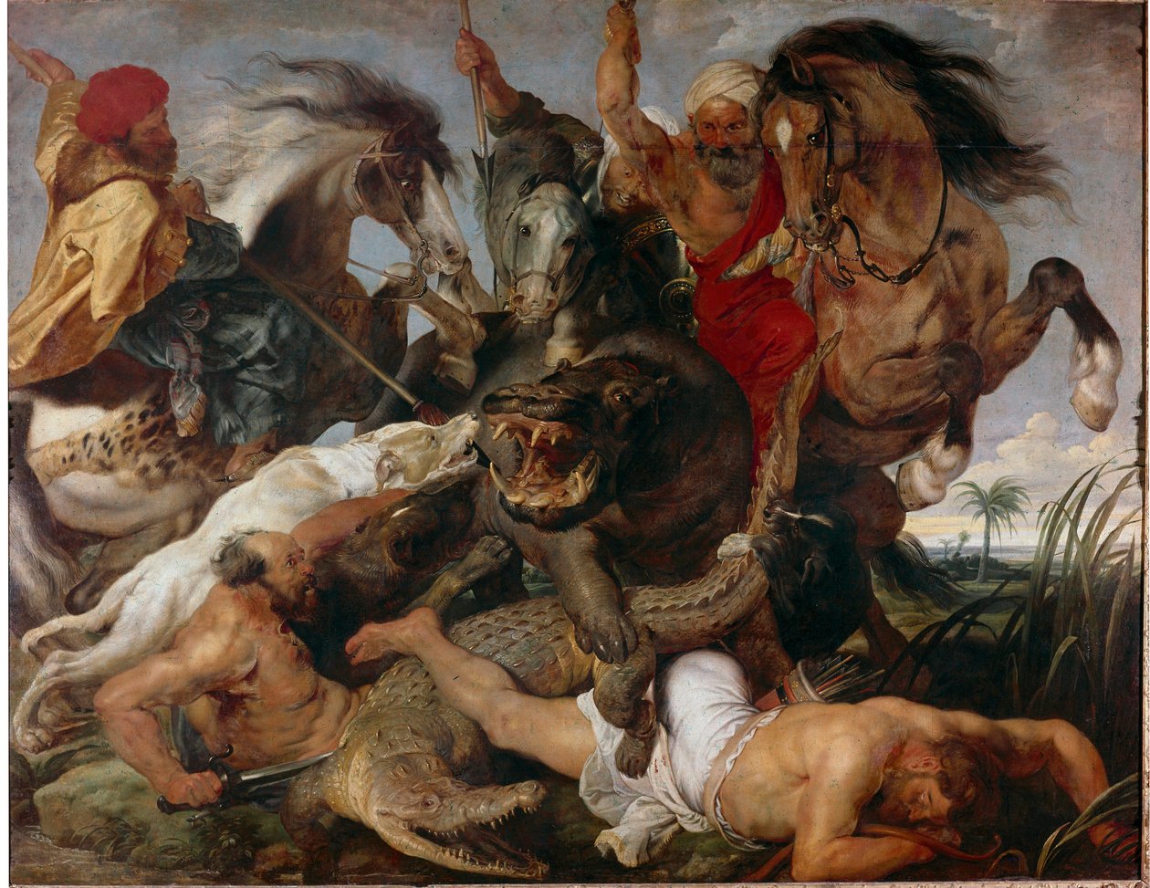 Flodhest og krokodillejakt. Maleri av Pierre Paul (Pierre-Paul) Rubens (eller Peter Paul eller Petrus Paulus) (1577-1640) av Peter Paul Rubens