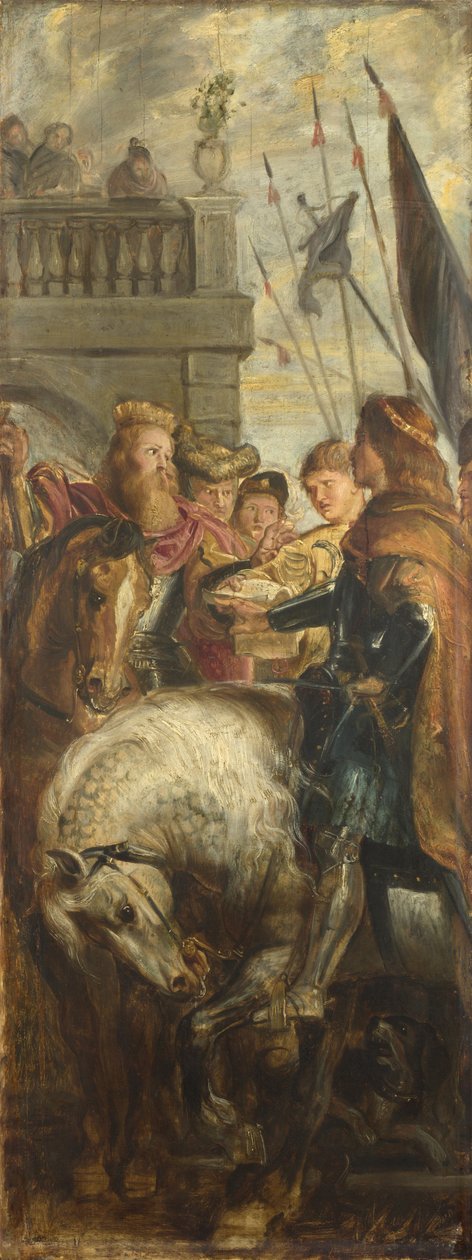 Kongene Clothar og Dagobert strides med en Herald fra keiseren Mauritius. Skisse for høyaltertavle, St. Bavo, Gent, 1611 av Peter Paul Rubens