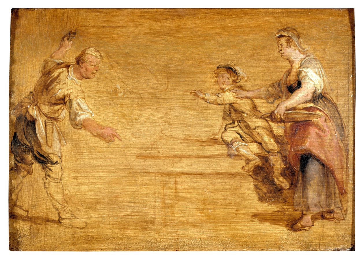 Kjøkkenhjelp, slakter og gutt rundt et bord (olje på lerret) av Peter Paul Rubens