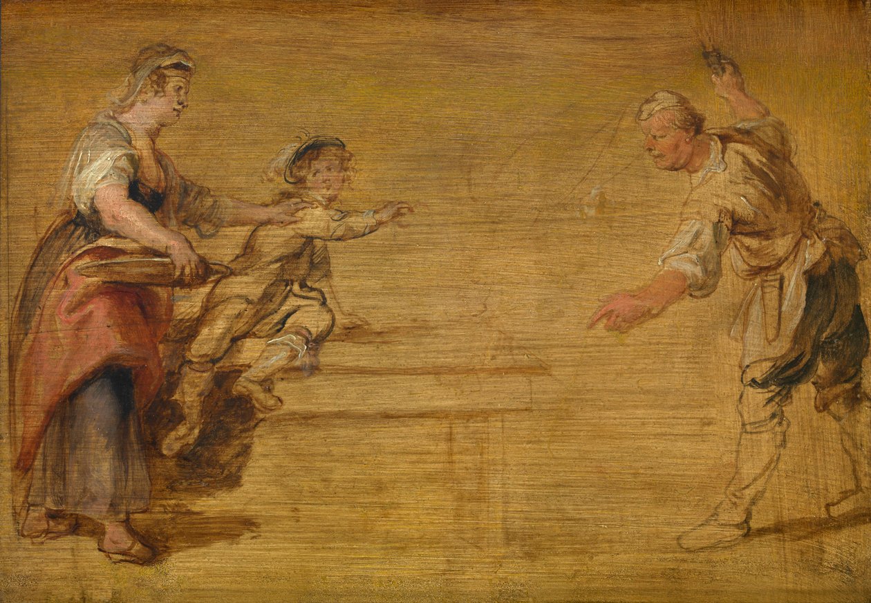 Kjøkkenpike, slakter og gutt rundt et bord av Peter Paul Rubens