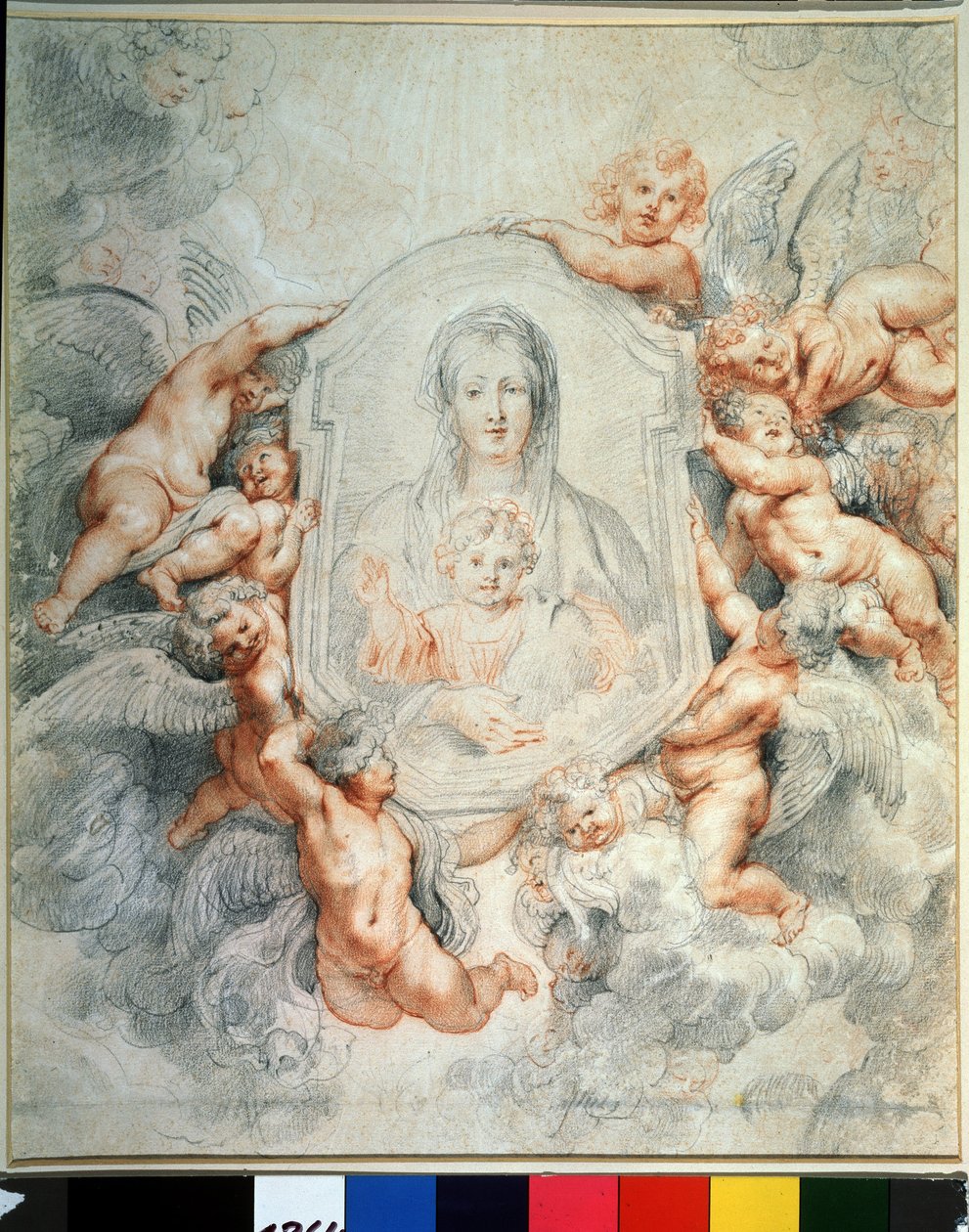 Jomfruen og barnet elsket av engler (Madonna elsket av engler, Madonna della vallicella). Maling i maleri. Tegning av Peter Paul (Pierre-Paul) Rubens (eller Peter Paul eller Petrus Paulus) (1577-1640). Kritt og rødt kritt på papir, 40,4 x 37 cm av Peter Paul Rubens
