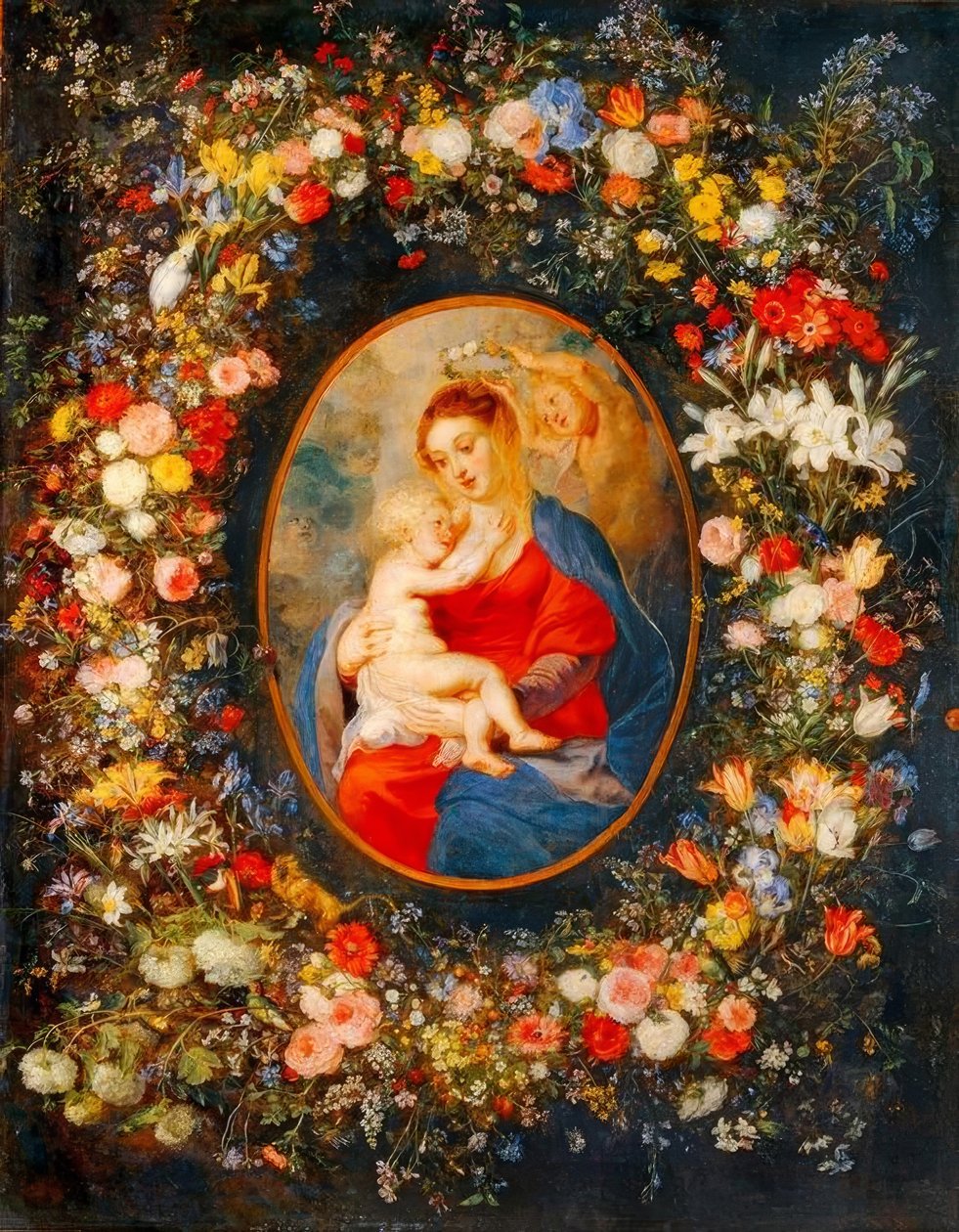 Jomfruen, Jesusbarnet og engler midt i en blomsterkrans av Peter Paul Rubens