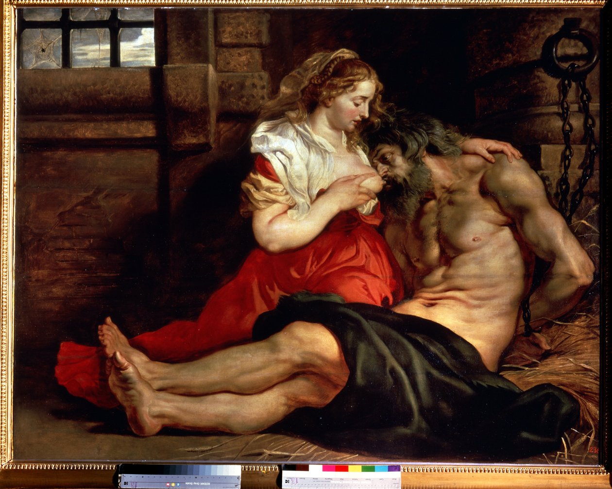romersk veldedighet. En kvinne ammer en mann i fengselet og fortsetter. Cimon dømt til å sulte i fengsel lever av brystet til datteren Pero. Maleri av Peter Paul (Pierre-Paul) Rubens (eller Peter Paul eller Petrus Paulus) (1577-1640). av Peter Paul Rubens