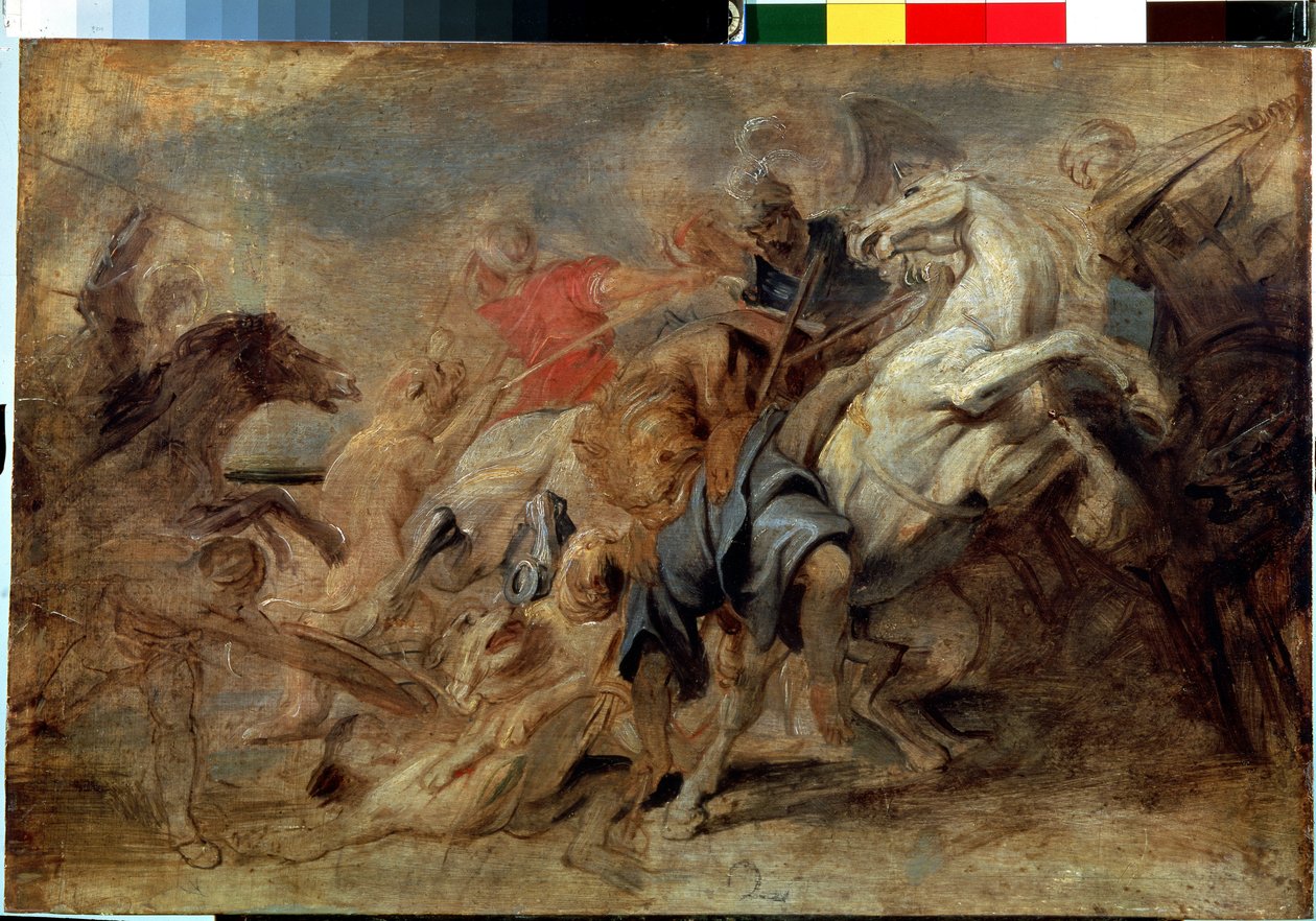 Løvejakten. Maleri av Peter Paul (Pierre-Paul) Rubens (eller Peter Paul eller Petrus Paulus) (1577-1640). Olje på tre, Mål: 43 x 64 cm, ca 1621. Flamsk kunst, barokkstil. Eremitasjemuseet, St. Petersburg. av Peter Paul Rubens