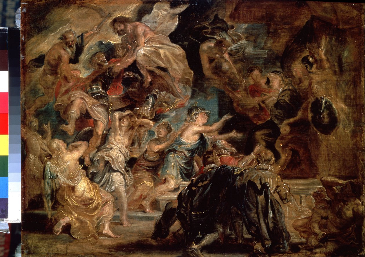 Henry IVs død (1553-1610) og proklamasjonen av Regency (The death of Henry IV and the Proclamation of the Regency). Maleri av Peter Paul (Pierre-Paul) Rubens (eller Peter Paul eller Petrus Paulus) (1577-1640). Olje på tre, 48 x 65 cm av Peter Paul Rubens