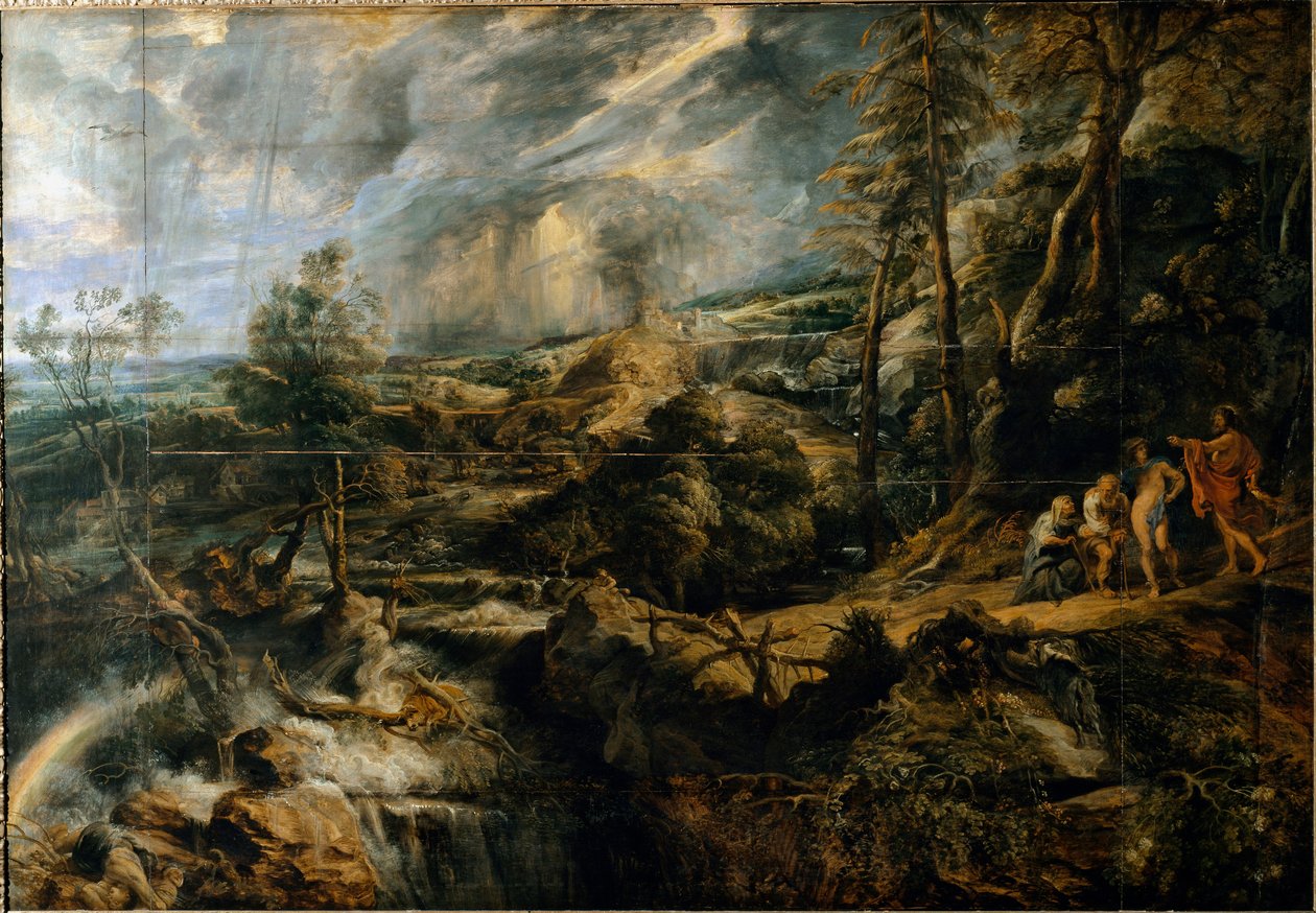 Landskapet i Tempete med de gamle frygierne Filemon og Baucis (maleri, ca. 1620) av Peter Paul Rubens