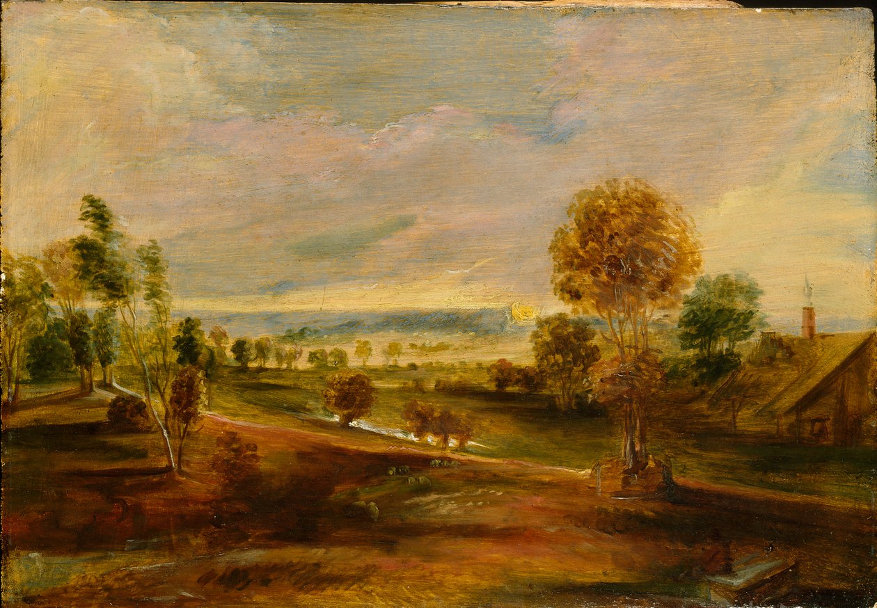 Landskap med gårdsbygninger ved solnedgang, 1600-1640 av Peter Paul Rubens