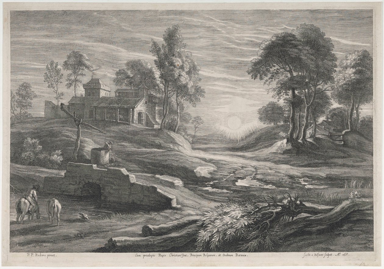 Landskap med solnedgang og to gårdshus av Peter Paul Rubens