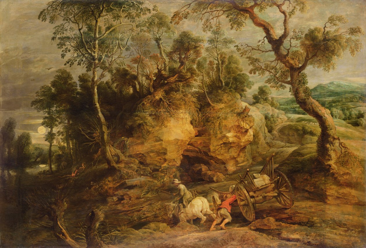 Landskap med steinbærere, ca. 1620 (olje på lerret overført fra panel) av Peter Paul Rubens