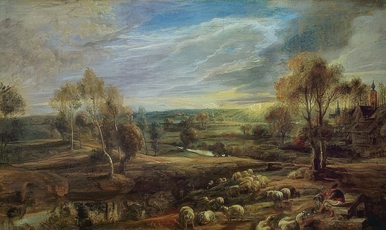 Landskap med en hyrde og flokken hans. Rundt 1638 av Peter Paul Rubens