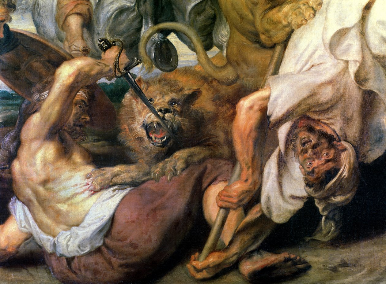 Løvejakt, detalj om to menn og en løve, 1621 av Peter Paul Rubens