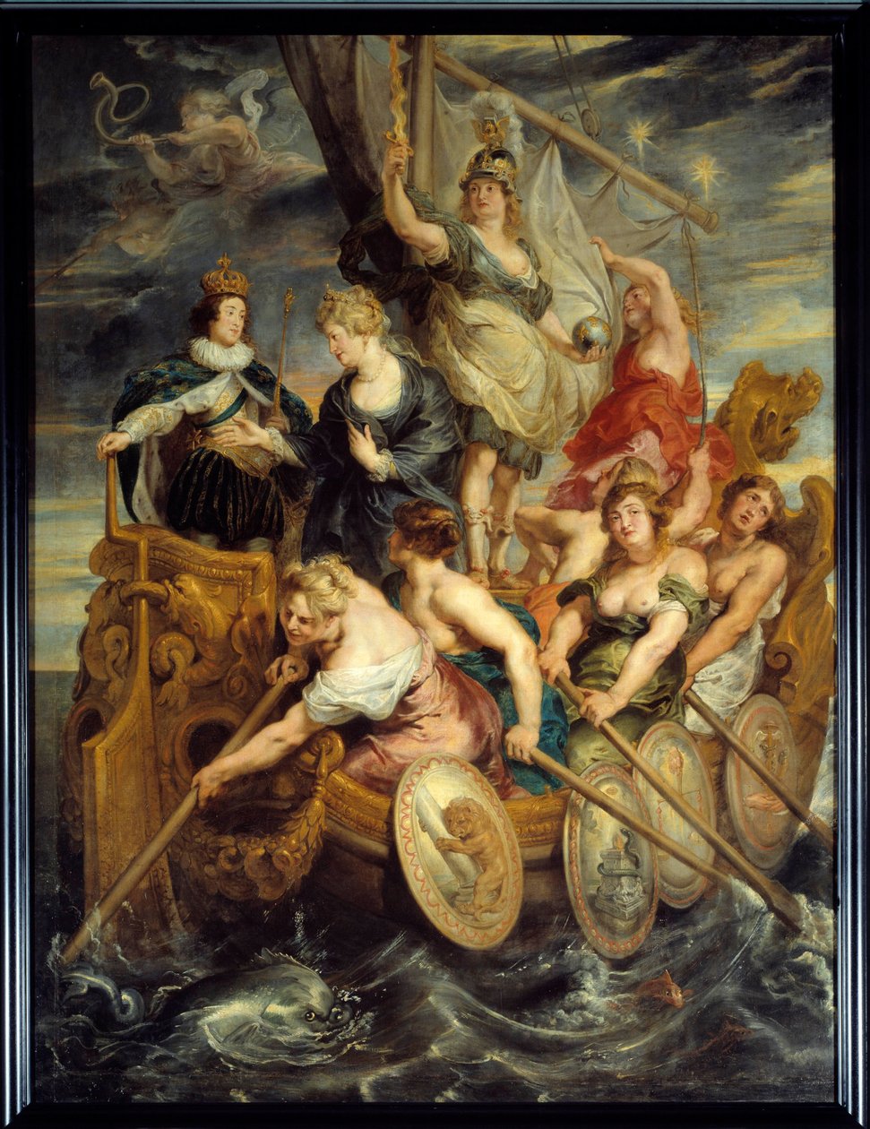 Flertallet av Ludvig XIII (1601-1643) den 20/10/1614 Allegori om tiltredelsen til makten til kongen som representerer et skip ledet av makt, religion og rettferdighet som rykker frem gjennom roere i en grov sjø. Dronning Mary av Medici, mor til Ludvig XIII av Peter Paul Rubens