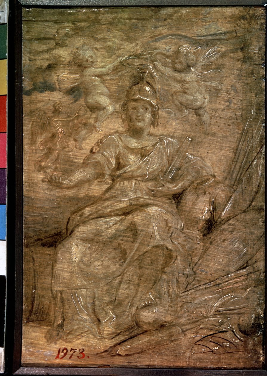 Marie de Medici (1575-1642) en Pallas Athena (Marie de Medici som Pallas Athena). Peinture de Pierre Paul (Pierre-Paul) Rubens (ou Peter Paul eller Petrus Paulus) (1577-1640). Olje på tre, 22,5 x 15 cm av Peter Paul Rubens