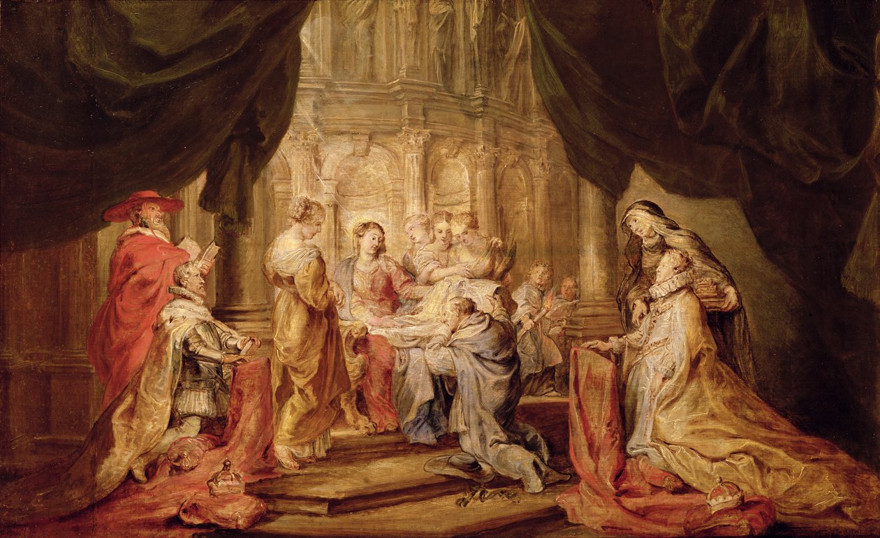 Mary Giving Ildefonso, erkebiskop av Toledo Vestmentet, med erkehertug Albrecht VII og hans skytshelgen Albert av Lowen til venstre og Infanta Isabella Claira Eugenia og hennes skytshelgen Elizabeth av Ungarn til venstre (skisse for altarpien) av Peter Paul Rubens