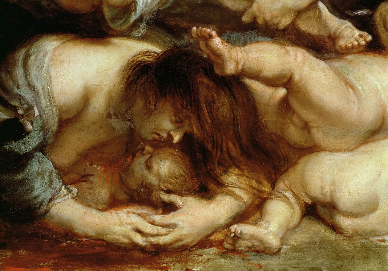 Massacre of the Innocents, detalj av en mor og et barn (olje på panel) av Peter Paul Rubens