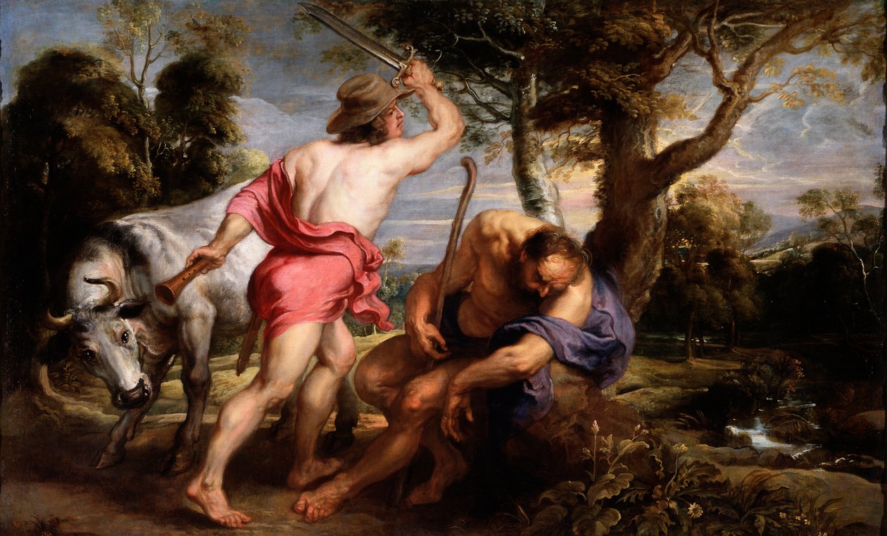 ""Mercury and Argus"" Mercury blir instruert av Zevs om å legge Argus i søvn, Ios vokter, forvandlet til en kvige av Hera (Mercury and Argus) Maleri av Pieter Paul Rubens (1577-1640) 1636-1638 Dim 180x298 cm Museo del Prado, Madrid av Peter Paul Rubens