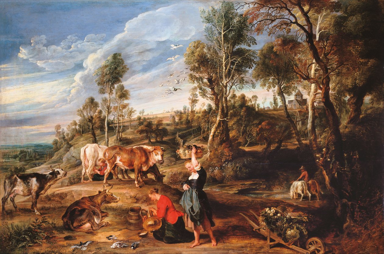 Melkepiker med kveg i et landskap, «Gården i Laken» av Peter Paul Rubens