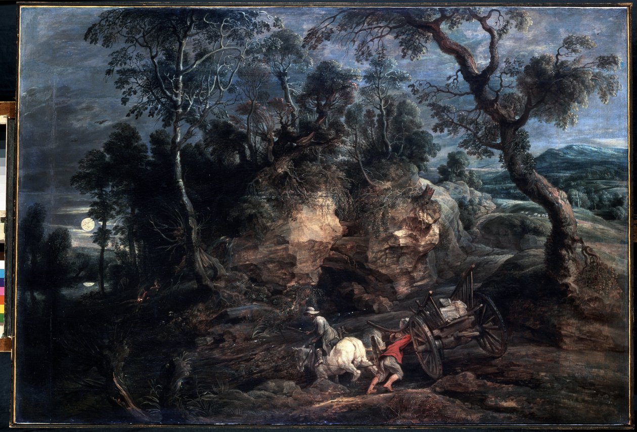 Landskap med steinbærere. Maleri av Peter Paul (Pierre-Paul) Rubens (eller Peter Paul eller Petrus Paulus) (1577-1640). Olje på lerret, 86 x 126,5 cm, ca 1620. Flamsk kunst, barokkkunst. Eremitasjemuseet, St. av Peter Paul Rubens