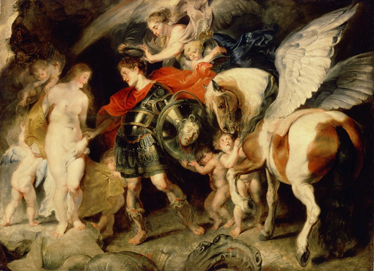 ""Perseus og Andromeda"" (Perseus og Andromeda) Andromeda lenket til en stein blir levert av Persee akkompagnert av Pagasus. På skjoldet hans hodet til Medusa som han drepte. Maleri av Pierre Paul (Pierre-Paul) Rubens (eller Peter Paul eller Petrus Paulus) av Peter Paul Rubens
