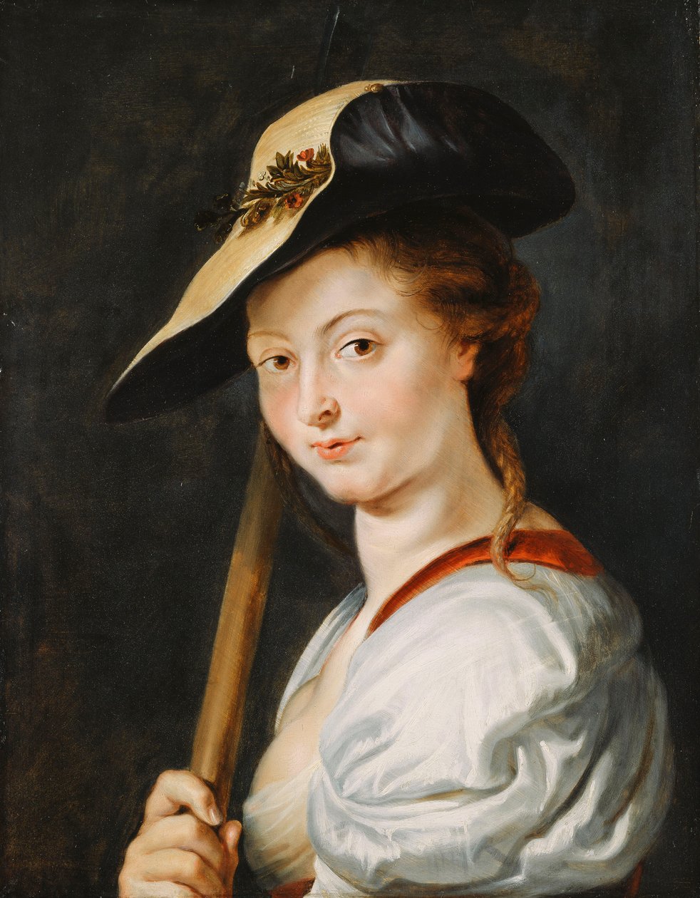 Portrett av en ung kvinne, oppgitt å være Suzanna Fourment, bystelengde, som en gjeterinne, av Peter Paul Rubens
