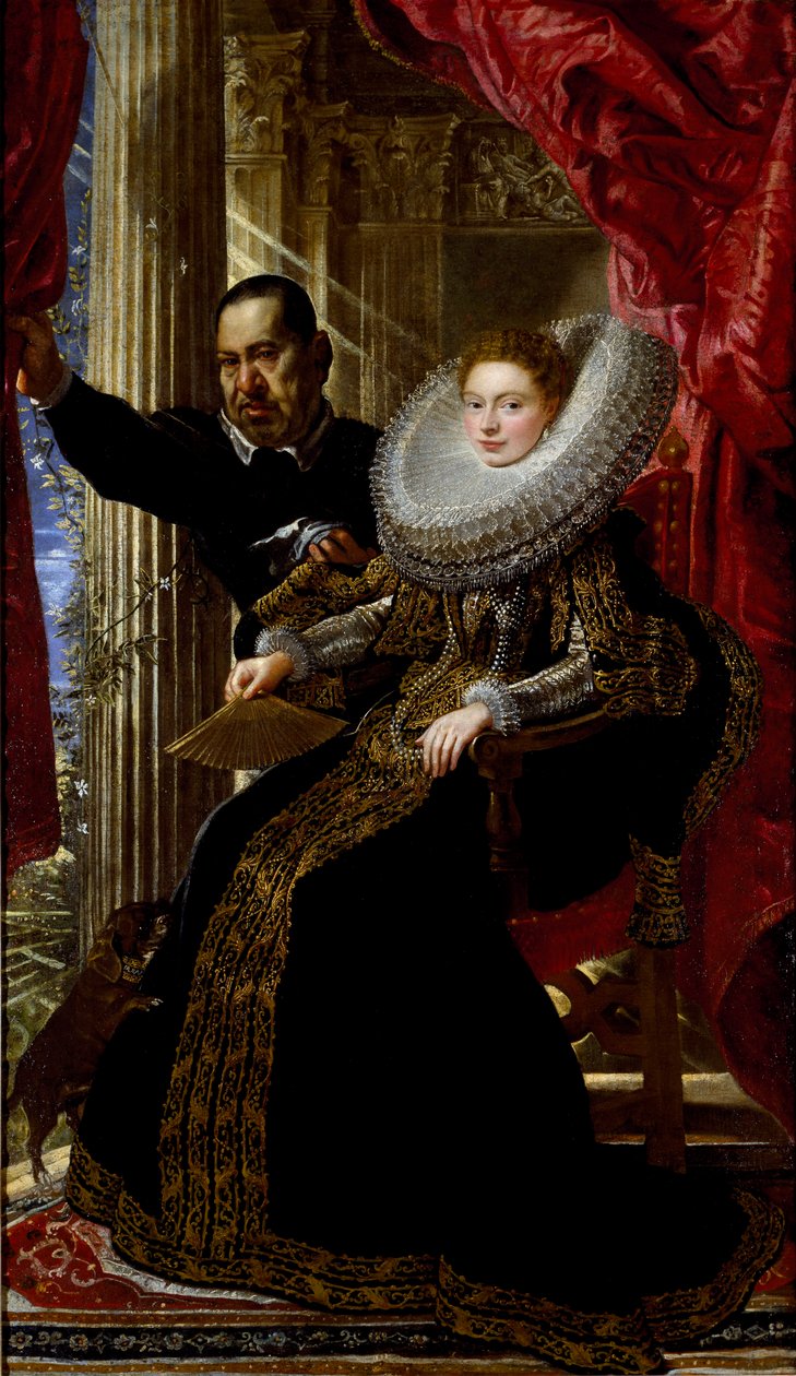 Portrett av en ung aristokrat dame med en dverg (olje på lerret av Peter Paul Rubens