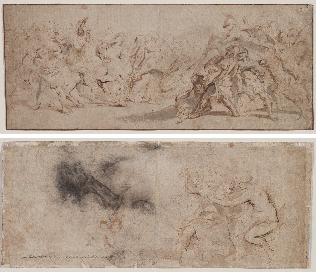 Forsoning mellom romerne og sabinerne (recto) Venus avvæpner Mars, draperistudie (verso) av Peter Paul Rubens