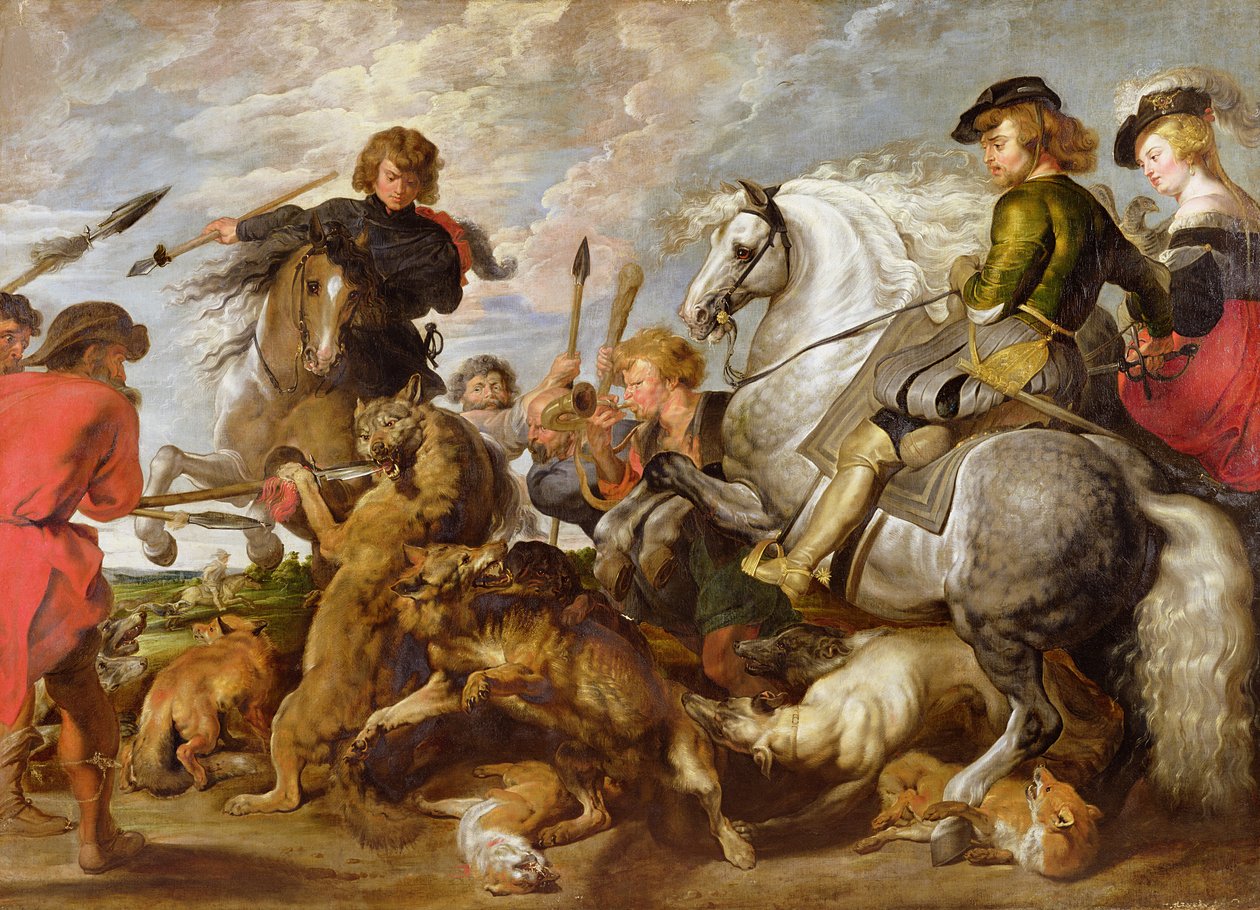 Rubens hans andre kone og sønn i en ulv- og revejakt, etter en original av Rubens av Peter Paul Rubens