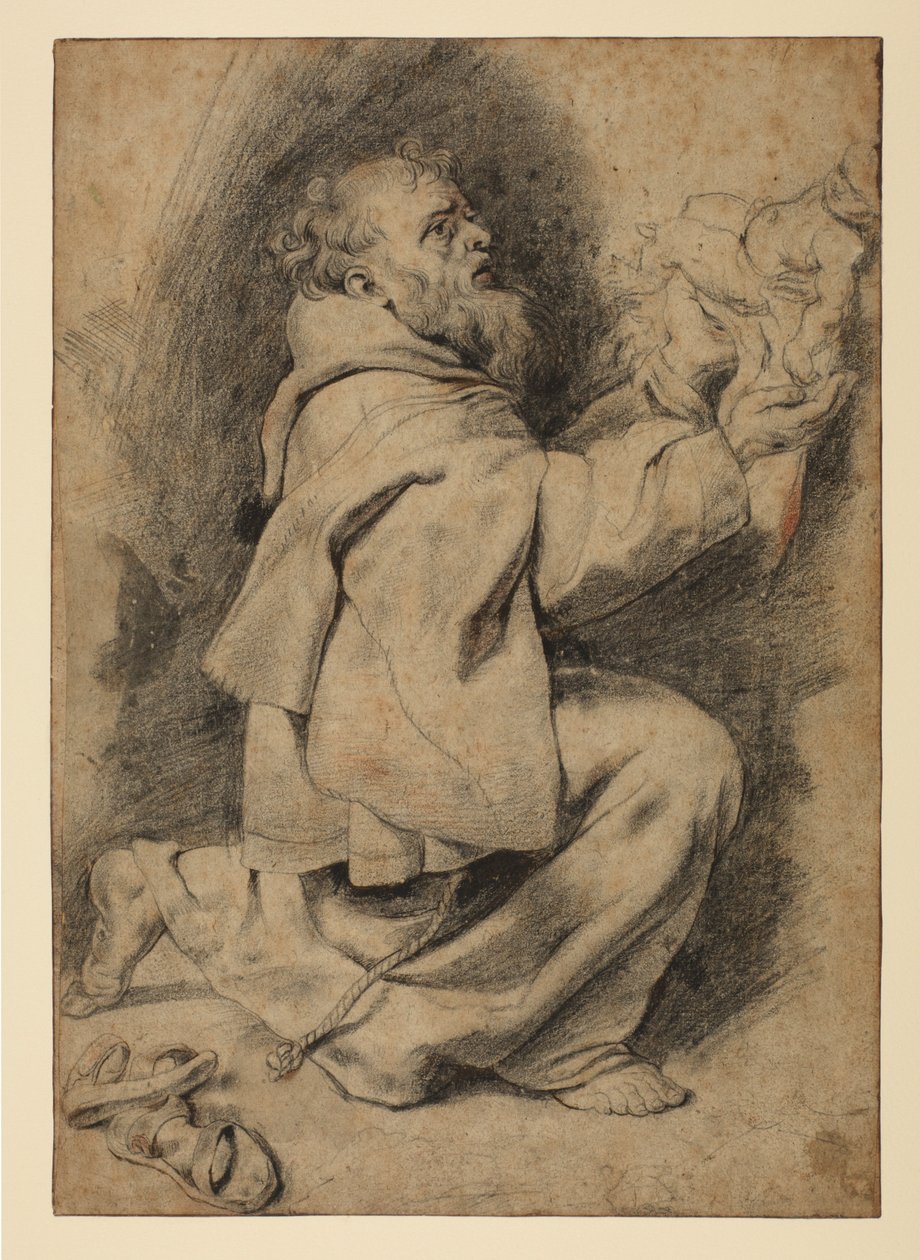 Saint Francis kneler, mottar spedbarnet Kristus, ca. 1617 av Peter Paul Rubens