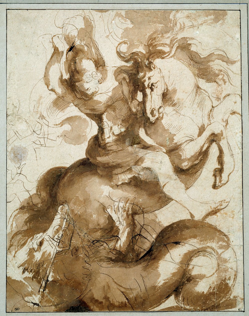 Saint George dreper dragen. Tegning av Pierre Paul (Pierre-Paul) Rubens (eller Peter Paul eller Petrus Paulus) (1577-1640) Ec. Flam. av Peter Paul Rubens
