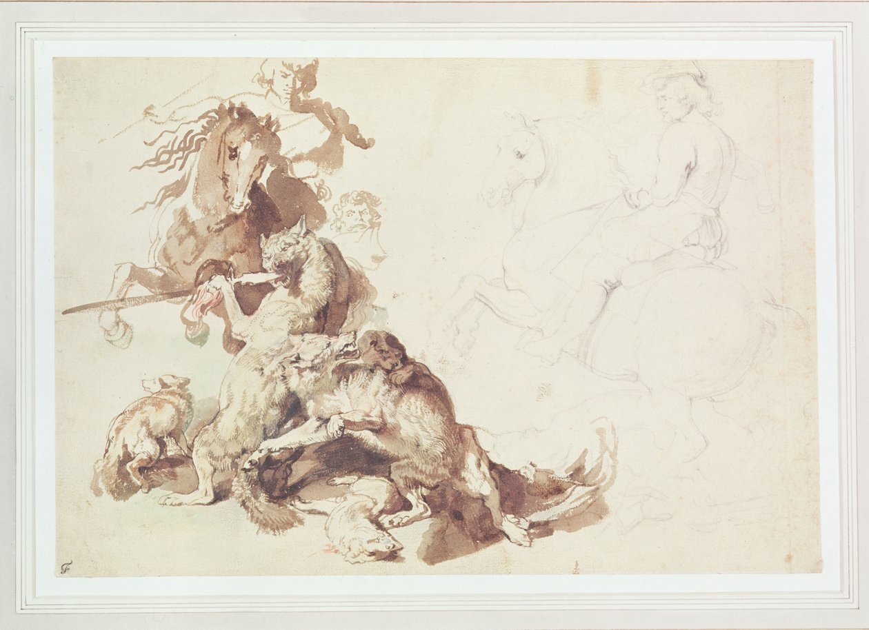 Sketch for a Wolf Hunt (blyant med akvarell på papir) av Peter Paul Rubens