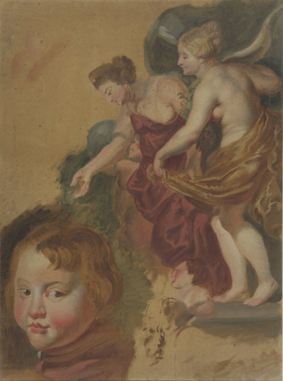 Studieark med Maria dei Medicis lykkelige regjeringstid, et guttehode og to mannshoder. av Peter Paul Rubens