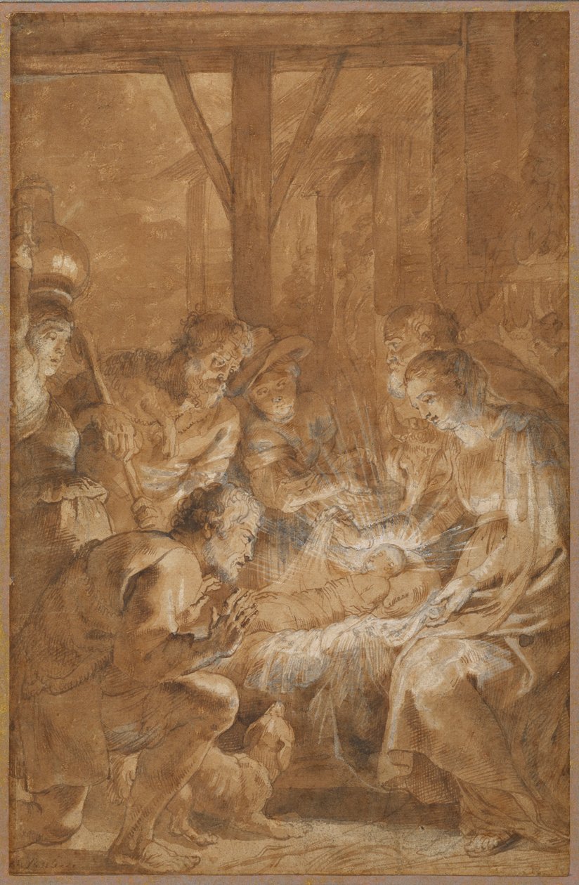 The Adoration of the Shepherds, ca. 1613-4 (penn og brunt blekk med brun vask og hvit gouache) av Peter Paul Rubens
