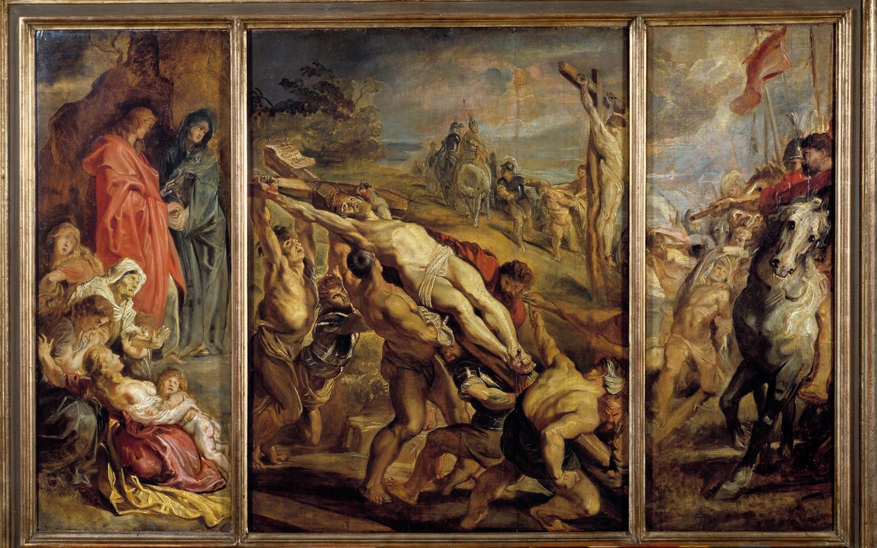 The Erection of the Triptych Cross av Pierre Paul (Pierre-Paul) Rubens (eller Peter Paul eller Petrus Paulus) (1577-1640) 1600-tallet Søn. 0,68x1,07 m Paris, Musée du Louvre av Peter Paul Rubens