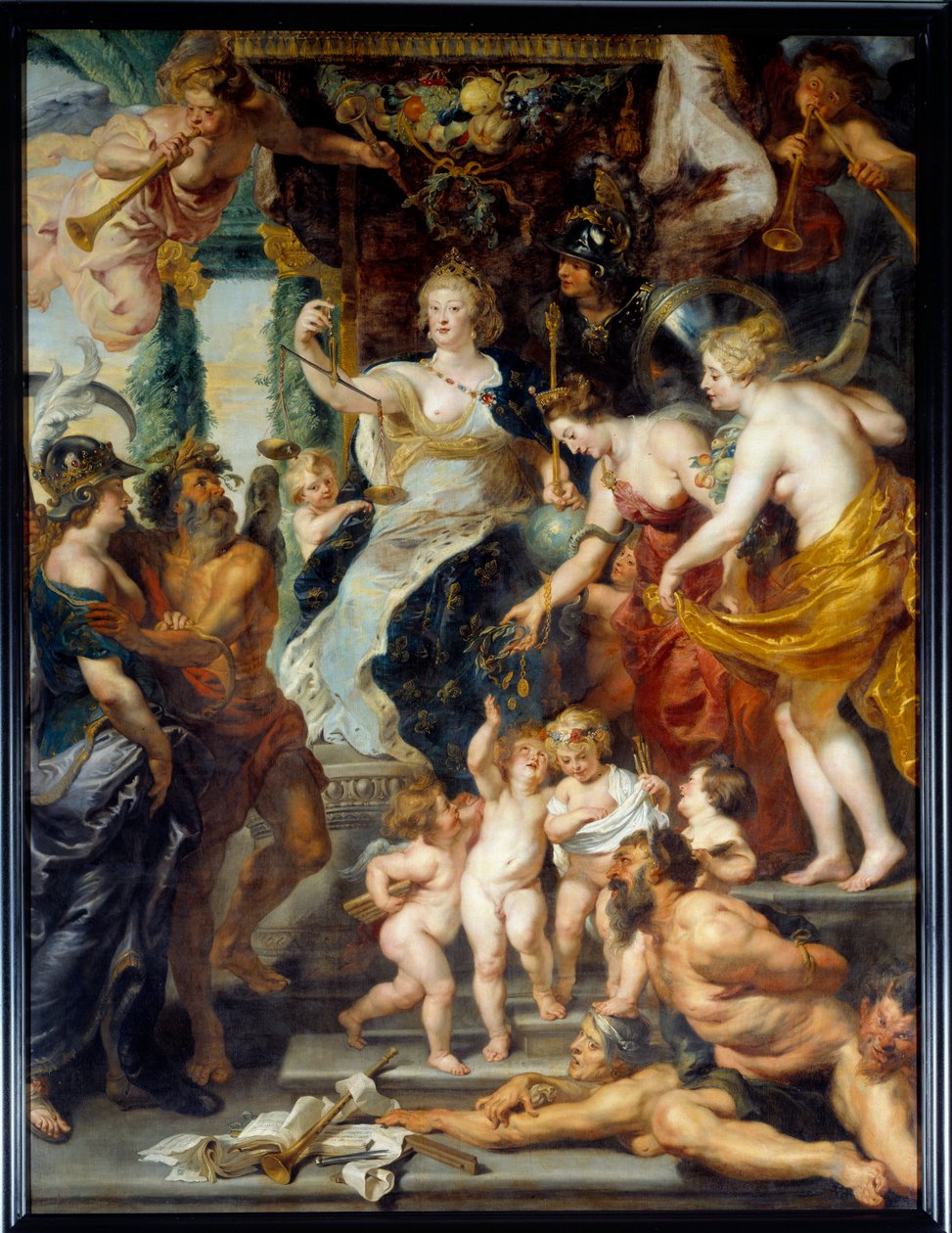 The Felicity of the Regency Representation of Queen Mary of Medicis (Maria de Medici) (1573-1642) i triumf på regentets tid. Maleri av Pierre Paul (Pierre-Paul) Rubens (eller Peter Paul eller Petrus Paulus) (1577-1640) 1600-tallet søn. 3,94x2,95 m av Peter Paul Rubens