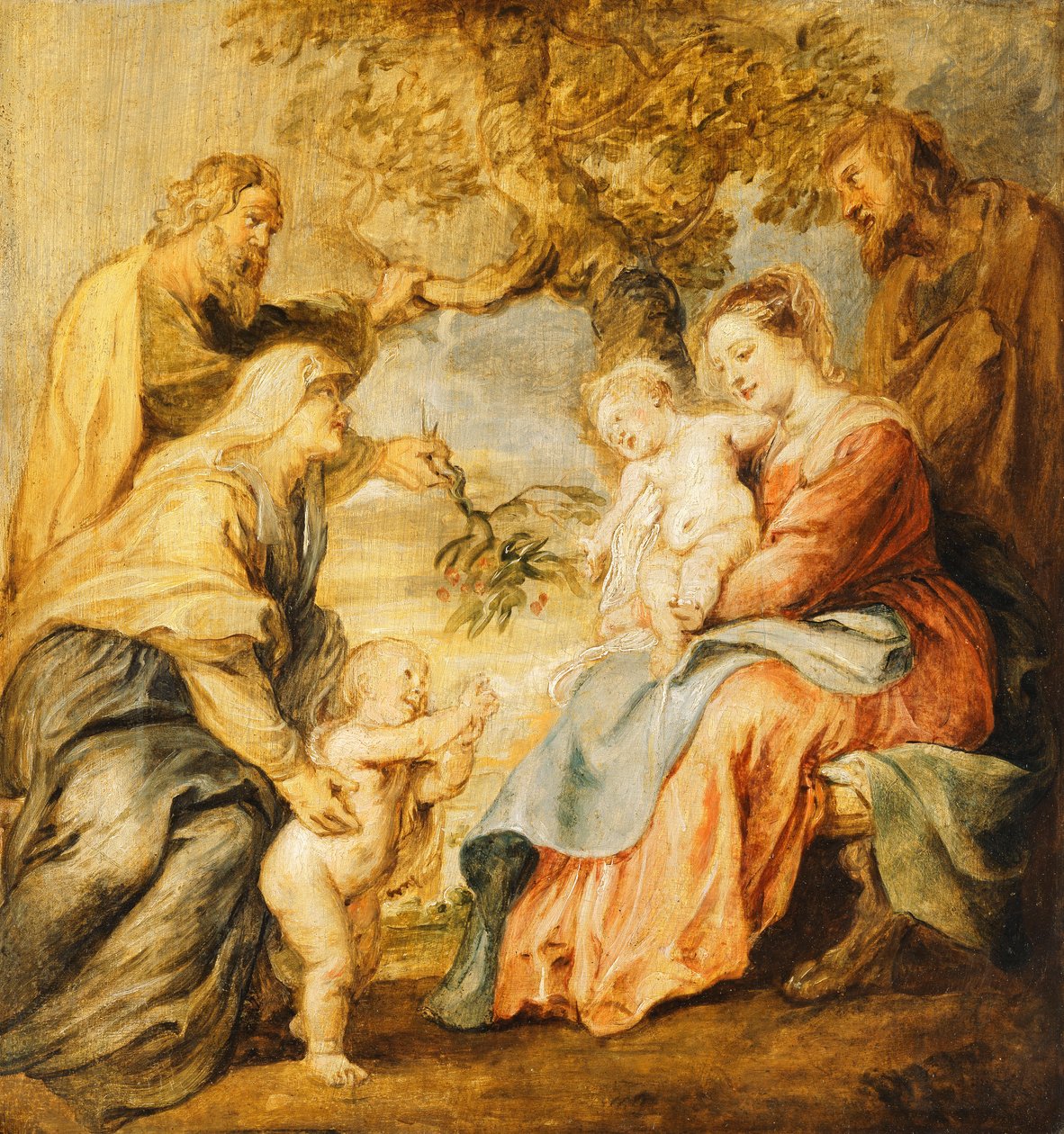 Den hellige familie besøkt av de hellige Elizabeth, Zacharias og spedbarnet døperen Johannes, av Peter Paul Rubens
