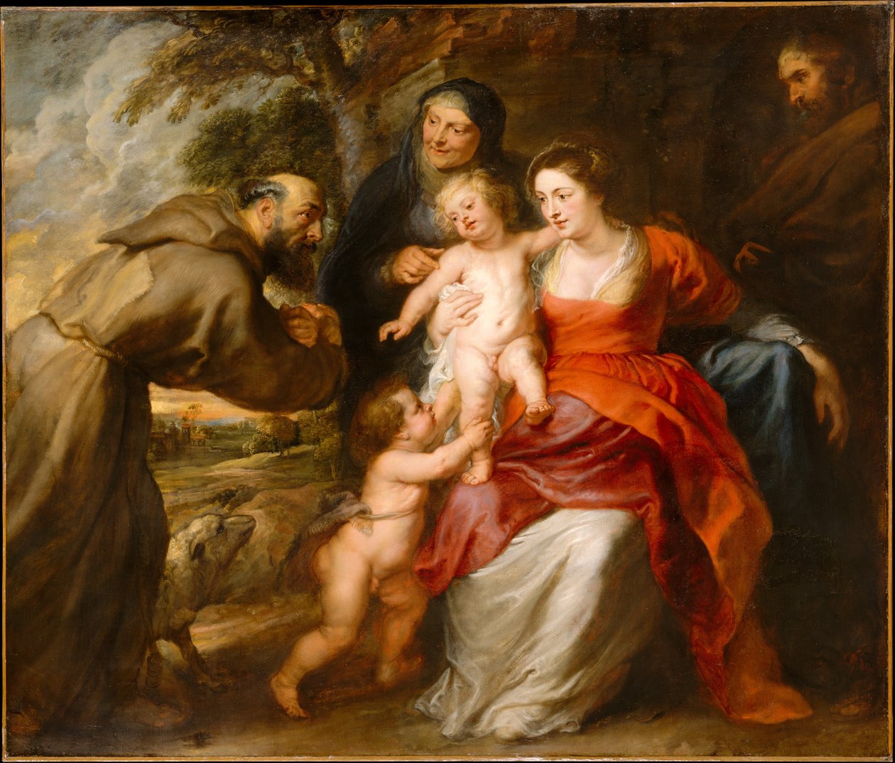 Den hellige familie med de hellige Frans og Anne og spedbarnet Døperen Johannes, ca. 1635 (olje på lerret) av Peter Paul Rubens