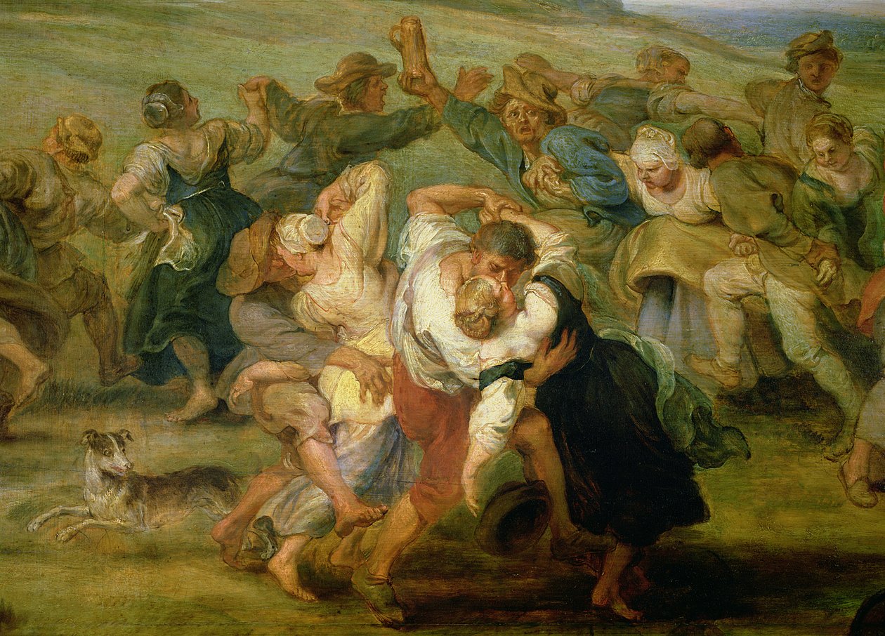 The Kermesse, detalj av bønder som danser, ca. 1635-38 olje på paneldetalj av 24954 av Peter Paul Rubens