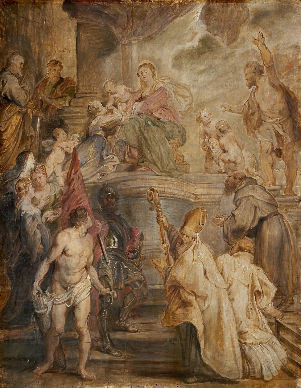 Den hellige Katarinas mystiske bryllup (fargeskisse til alteret i augustinerfedrenes kirke i Antwerpen), verso: to kavalerislag av Peter Paul Rubens
