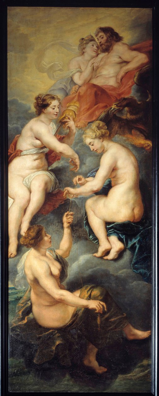 Parques spinning skjebnen til Mary of Medicis (1573-1642) Parques, Clotho, Lachesis og Atropos, er gudenes mestere over menneskenes skjebne. Maleri av Pierre Paul (Pierre-Paul) Rubens (eller Peter Paul eller Petrus Paulus) (1577-1640) 1600-tallet. D av Peter Paul Rubens
