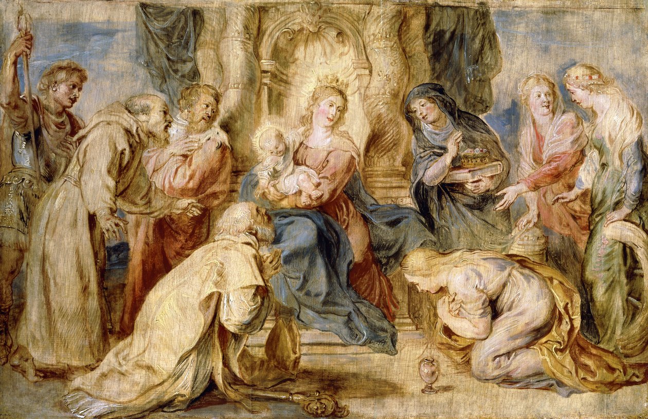 Jomfruen og barnet på tronen tilbedt av åtte hellige, av Peter Paul Rubens