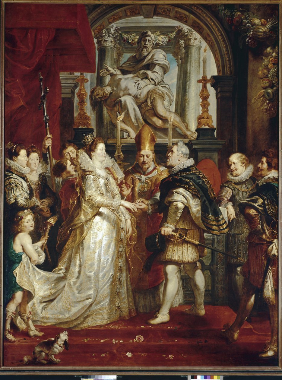 Ekteskapet ved fullmektig av Maria De Medici og Henry IV (olje på lerret av Peter Paul Rubens