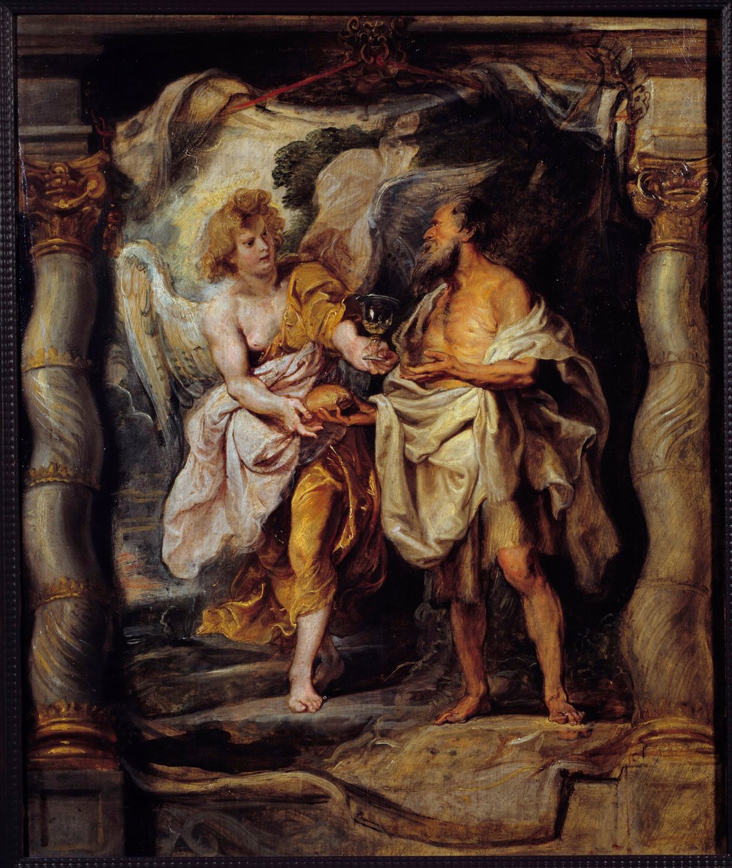Profeten Elijah mottar brød og vann fra en engel Maleri av Pierre Paul (Pierre-Paul) Rubens (eller Peter Paul eller Petrus Paulus) (1577-1640) 1600-tallet Søn. 0,53x0,63 m Bayonne, Musee Bonnat av Peter Paul Rubens